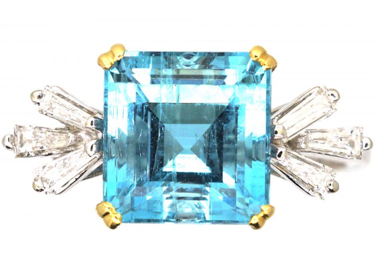 18ct White Gold Square Cut Aquamarine & Diamond Baguette Ring