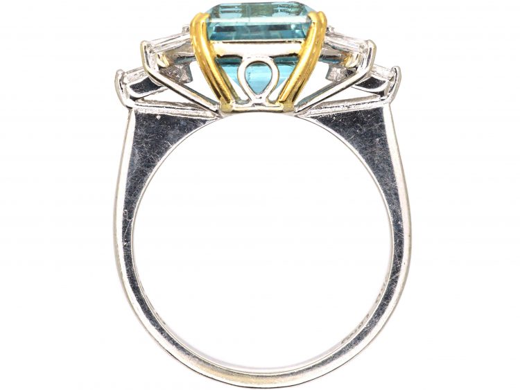 18ct White Gold Square Cut Aquamarine & Diamond Baguette Ring