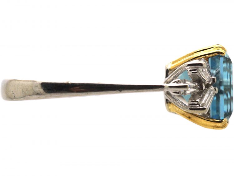 18ct White Gold Square Cut Aquamarine & Diamond Baguette Ring