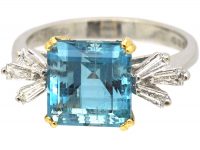 18ct White Gold Square Cut Aquamarine & Diamond Baguette Ring