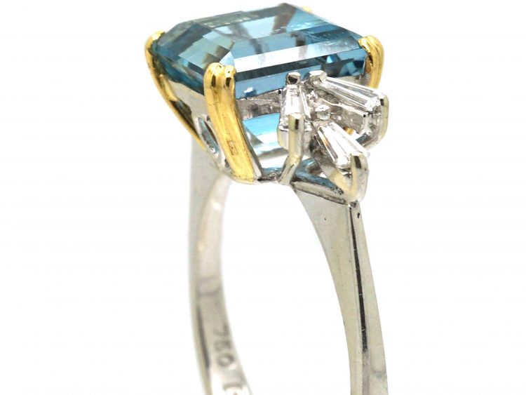 18ct White Gold Square Cut Aquamarine & Diamond Baguette Ring