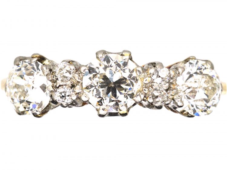 Early 20th Century 18ct Gold & Platinum, Three Stone Diamond Ring with Diamonds In between