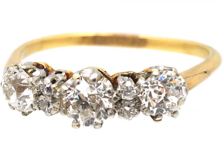 Early 20th Century 18ct Gold & Platinum, Three Stone Diamond Ring with Diamonds In between