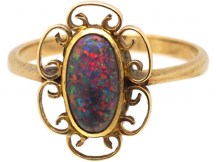 Arts & Crafts 9ct Gold & Black Opal Ring