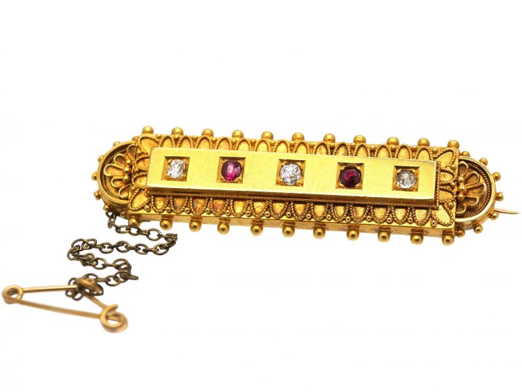 Victorian 15ct Gold Etruscan Style Brooch set with Rubies & Diamonds