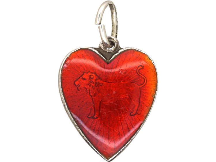 Norwegian Heart Shaped Pendant with Enamelled Rose & Lion
