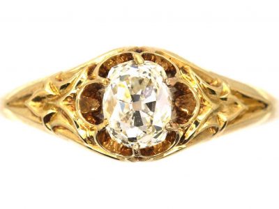 Victorian 18ct Gold, Old Mine Cut Solitaire Ring with Ornate Shoulders