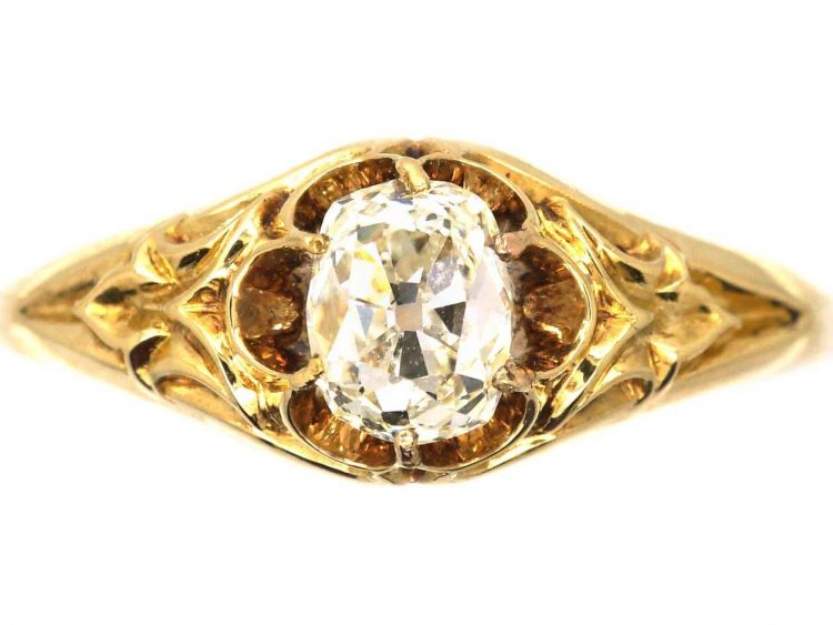Victorian 18ct Gold, Old Mine Cut Solitaire Ring with Ornate Shoulders