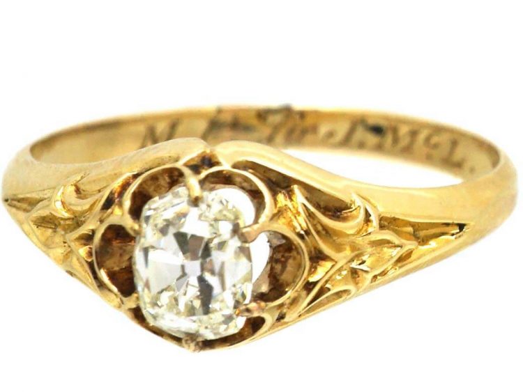 Victorian 18ct Gold, Old Mine Cut Solitaire Ring with Ornate Shoulders