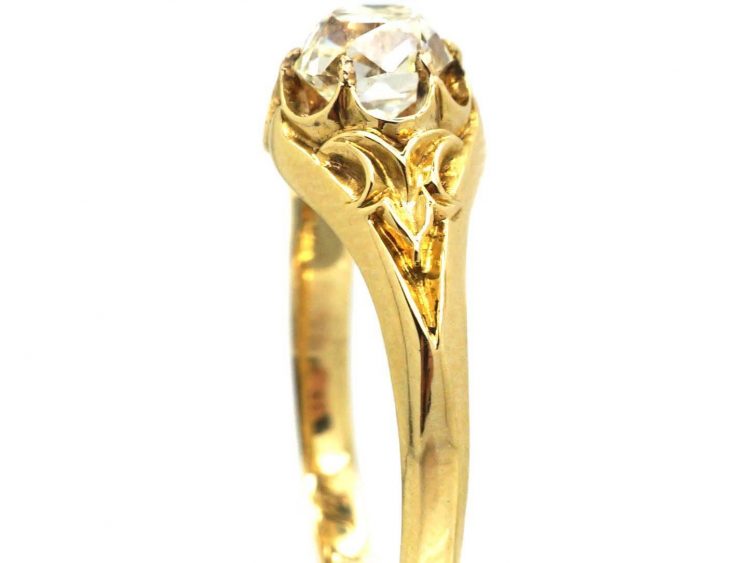 Victorian 18ct Gold, Old Mine Cut Solitaire Ring with Ornate Shoulders