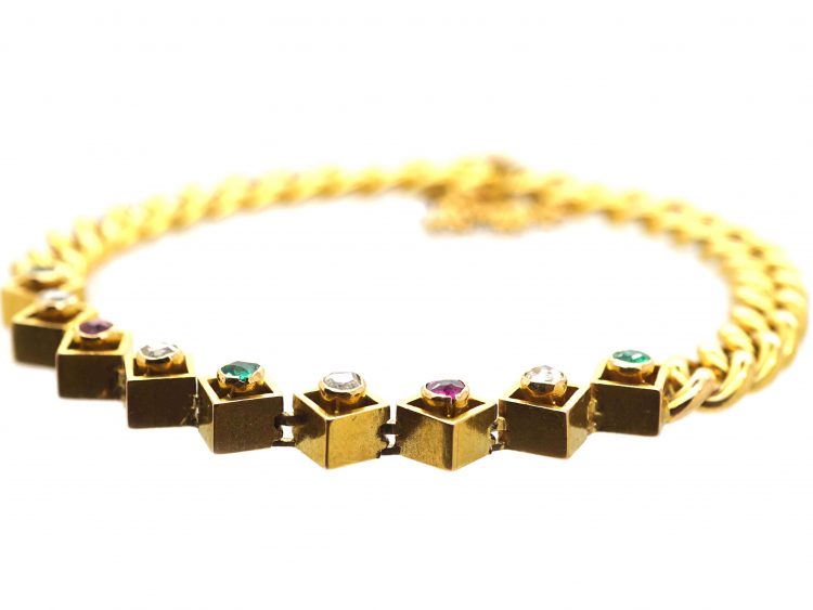 Edwardian 18ct Gold Curb Bracelet set with Rose Diamonds, Emeralds & Rubies