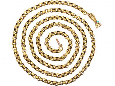 Georgian 15ct Gold Long Guard Chain with Hand Clasp set with Turquoise, Ruby & an Emerald