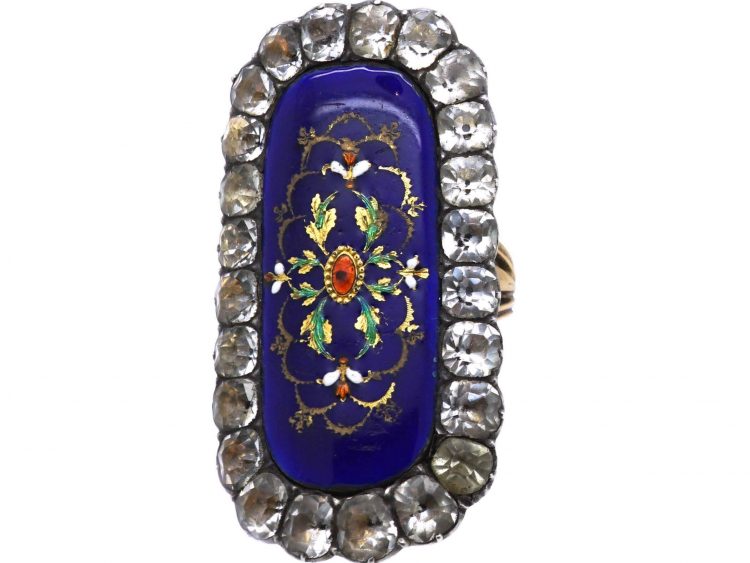French Early 19th Century 18ct Gold & Silver, Large Enamel & Paste Ring
