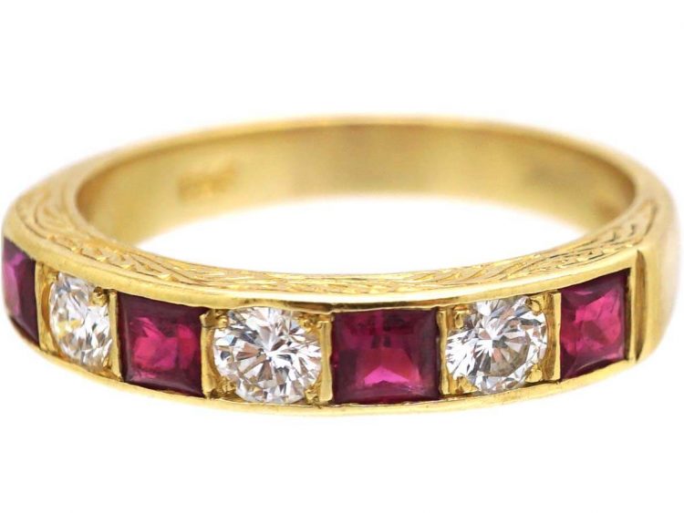 18ct Gold, Square Cut Ruby & Diamond Half Eternity Ring by Cropp & Farr