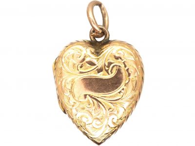 Edwardian 9ct Gold Heart Shaped Locket Engraved with Ivy Leaves