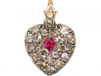 Early 20th Century Rose Diamond & Ruby Heart Shaped Pendant with Glazed Locket on Reverse
