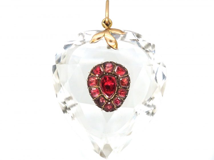 Edwardian Rock Crystal & Flat Cut Garnet Heart Pendant