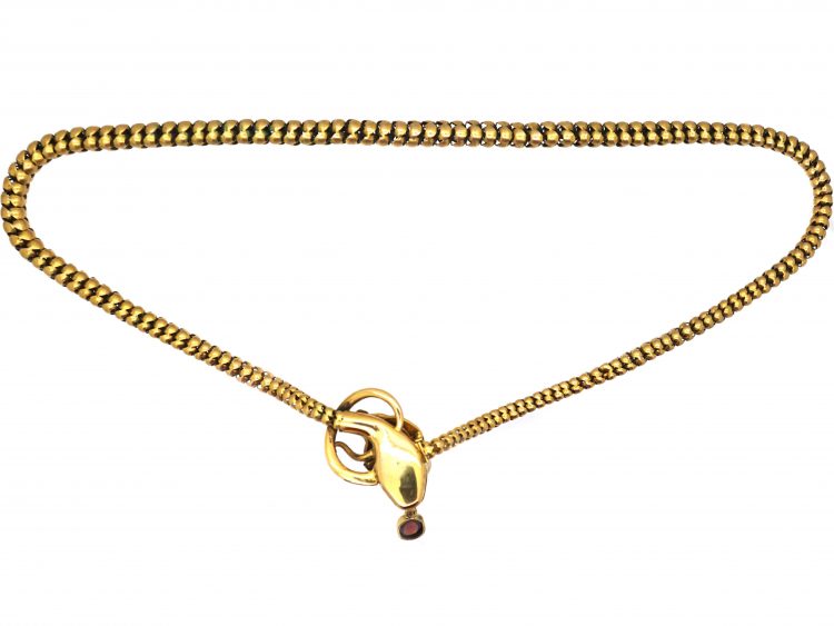 Victorian 18ct Gold Snake Necklace set with Cabochon Garnets, Diamonds, Emeralds & a Ruby in Original Case
