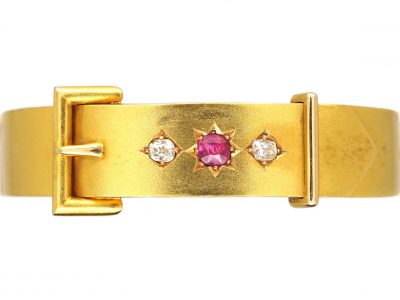 Victorian 15ct Gold Buckle Bangle set with a Ruby & Two Diamonds in Original Case
