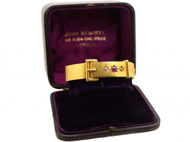 Victorian 15ct Gold Buckle Bangle set with a Ruby & Two Diamonds in Original Case