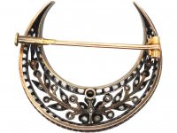 Victorian 15ct Gold & Silver Crescent Brooch set with Rose Diamonds in Original Case