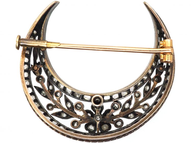 Victorian 15ct Gold & Silver Crescent Brooch set with Rose Diamonds in Original Case