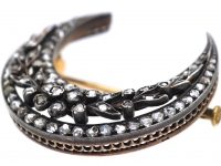 Victorian 15ct Gold & Silver Crescent Brooch set with Rose Diamonds in Original Case