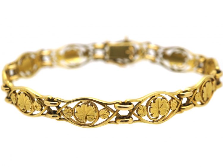 French Art Nouveau 18ct Gold Bracelet with Lily Pad Motif