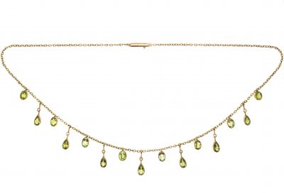 Edwardian 15ct Gold Fringe Necklace with Peridot & Natural Split Pearl Drops