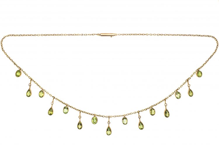Edwardian 15ct Gold Fringe Necklace with Peridot & Natural Split Pearl Drops