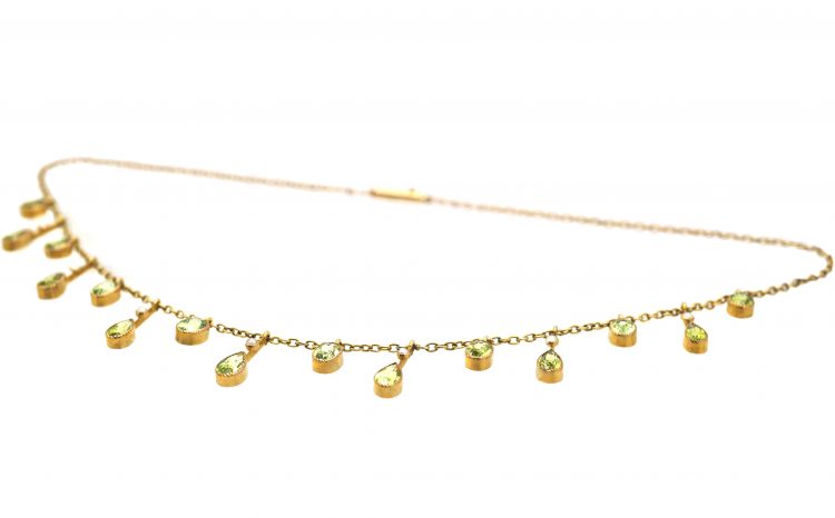Edwardian 15ct Gold Fringe Necklace with Peridot & Natural Split Pearl Drops