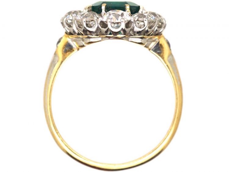 Edwardian 18ct Gold, Colombian Emerald & Diamond Oval Cluster Ring
