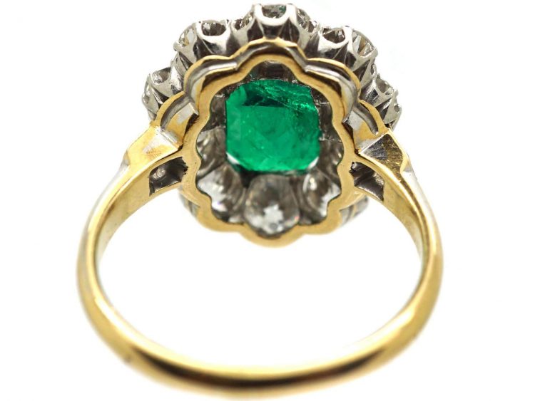 Edwardian 18ct Gold, Colombian Emerald & Diamond Oval Cluster Ring