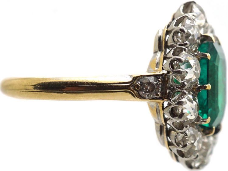 Edwardian 18ct Gold, Colombian Emerald & Diamond Oval Cluster Ring