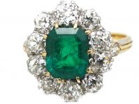 Edwardian 18ct Gold, Colombian Emerald & Diamond Oval Cluster Ring
