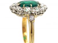 Edwardian 18ct Gold, Colombian Emerald & Diamond Oval Cluster Ring