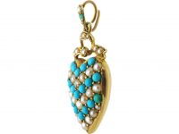 Edwardian 15ct Gold Heart pendant set with Turquoise & Natural Split Pearls