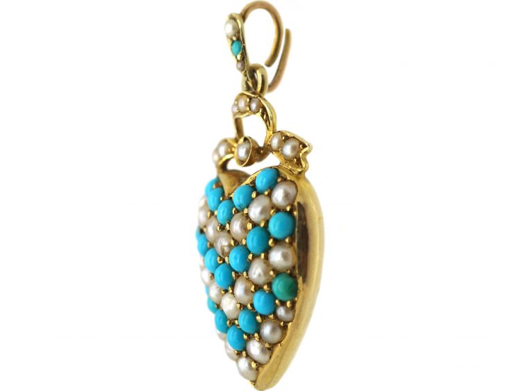 Edwardian 15ct Gold Heart pendant set with Turquoise & Natural Split Pearls
