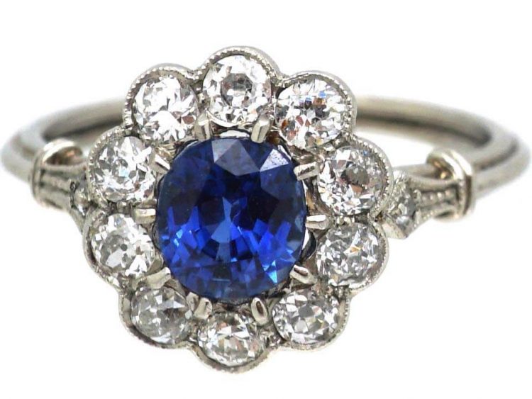 Art Deco Platinum, Sapphire & Diamond Cluster Ring