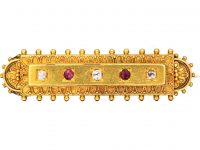 Victorian 15ct Gold Etruscan Style Brooch set with Rubies & Diamonds