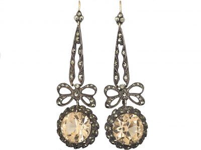 Edwardian Silver, Marcasite & Citrine Paste Drop Earrings