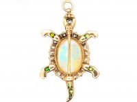 Edwardian 18ct Gold Turtle Brooch or Pendant set with Diamonds, Green Garnets & a Large Opal