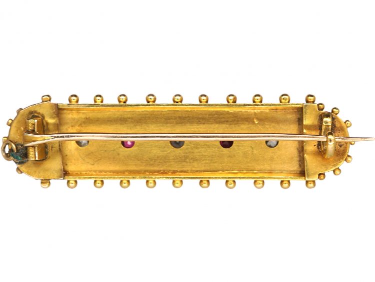 Victorian 15ct Gold Etruscan Style Brooch set with Rubies & Diamonds