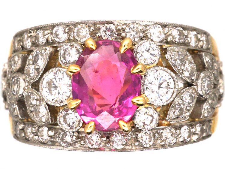 French Belle Epoque 18ct Gold & Platinum Ring set with a Pink Sapphire & Diamonds