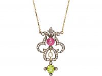 15ct Gold Suffragette Pendant set with Diamonds, a Pearl, a Peridot & a Pink Tourmaline