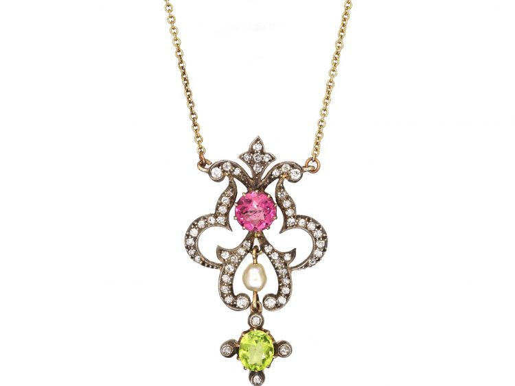 15ct Gold Suffragette Pendant set with Diamonds, a Pearl, a Peridot & a Pink Tourmaline