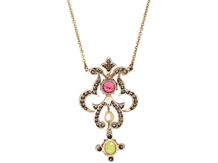 15ct Gold Suffragette Pendant set with Diamonds, a Pearl, a Peridot & a Pink Tourmaline
