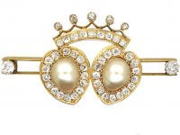 Victorian 18ct Gold Double Heart Brooch set with Natural Pearls & Diamonds