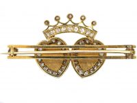Victorian 18ct Gold Double Heart Brooch set with Natural Pearls & Diamonds