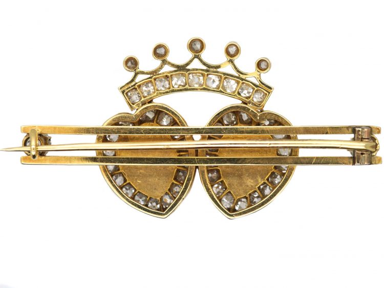 Victorian 18ct Gold Double Heart Brooch set with Natural Pearls & Diamonds